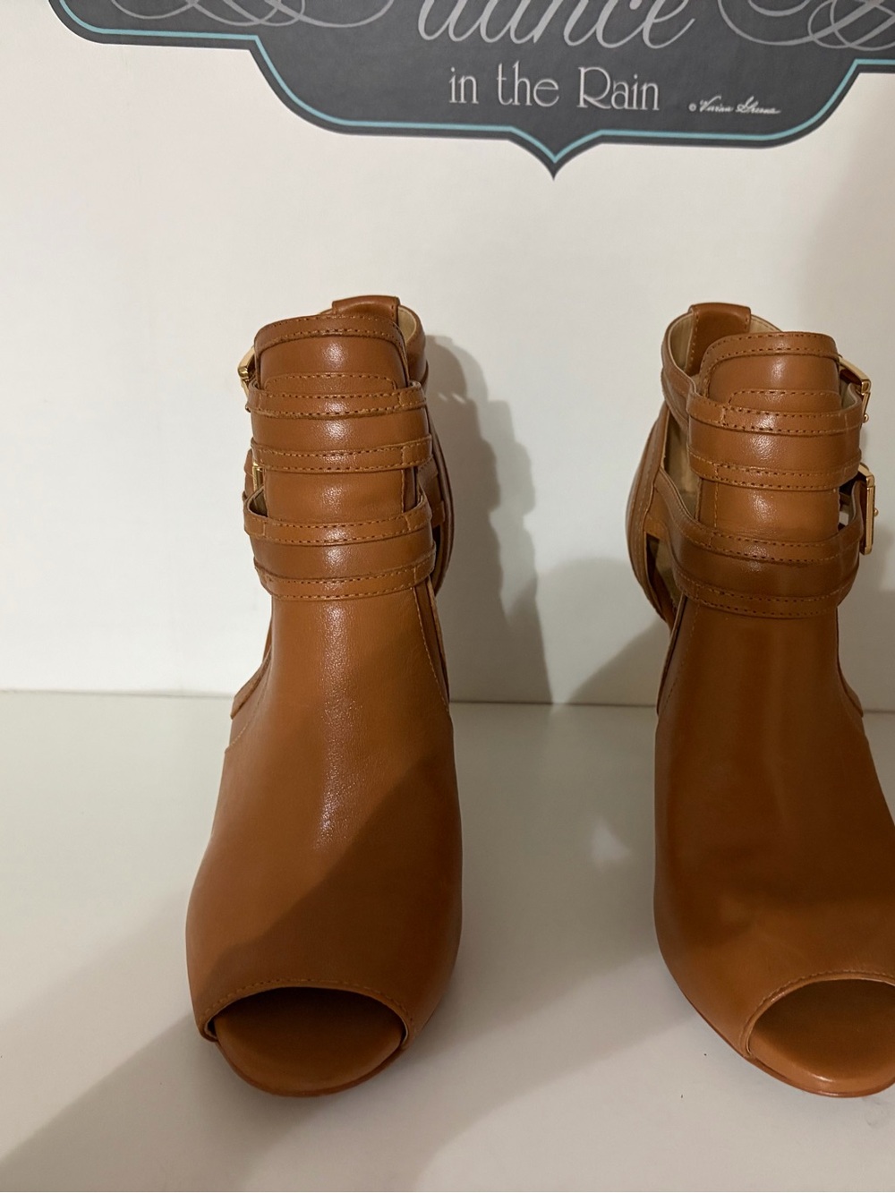 MK Women's Tan Peep-Toe Buckle Strap Heels